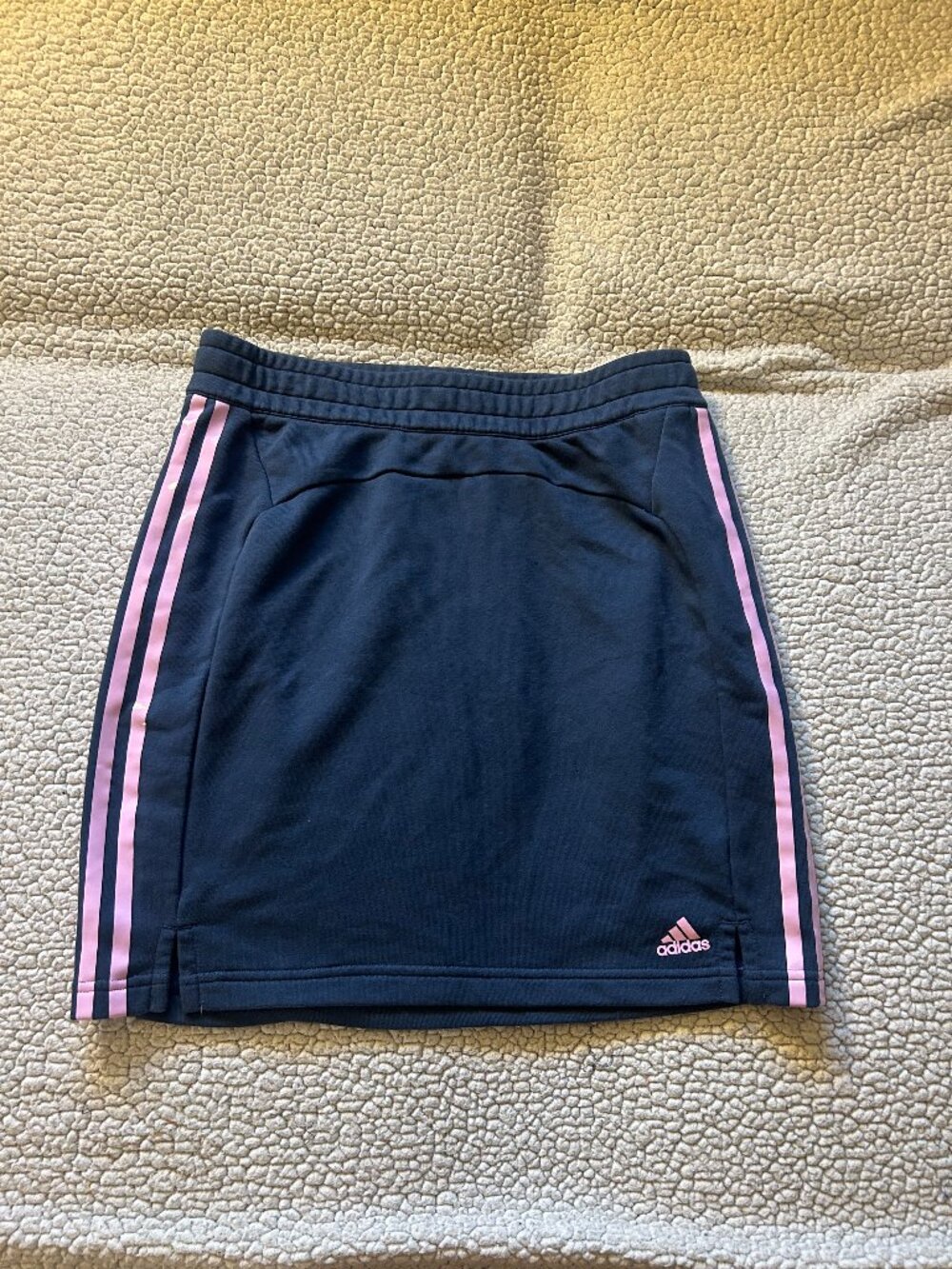 Adidas -- blue athletic midi skirt, pink stripes